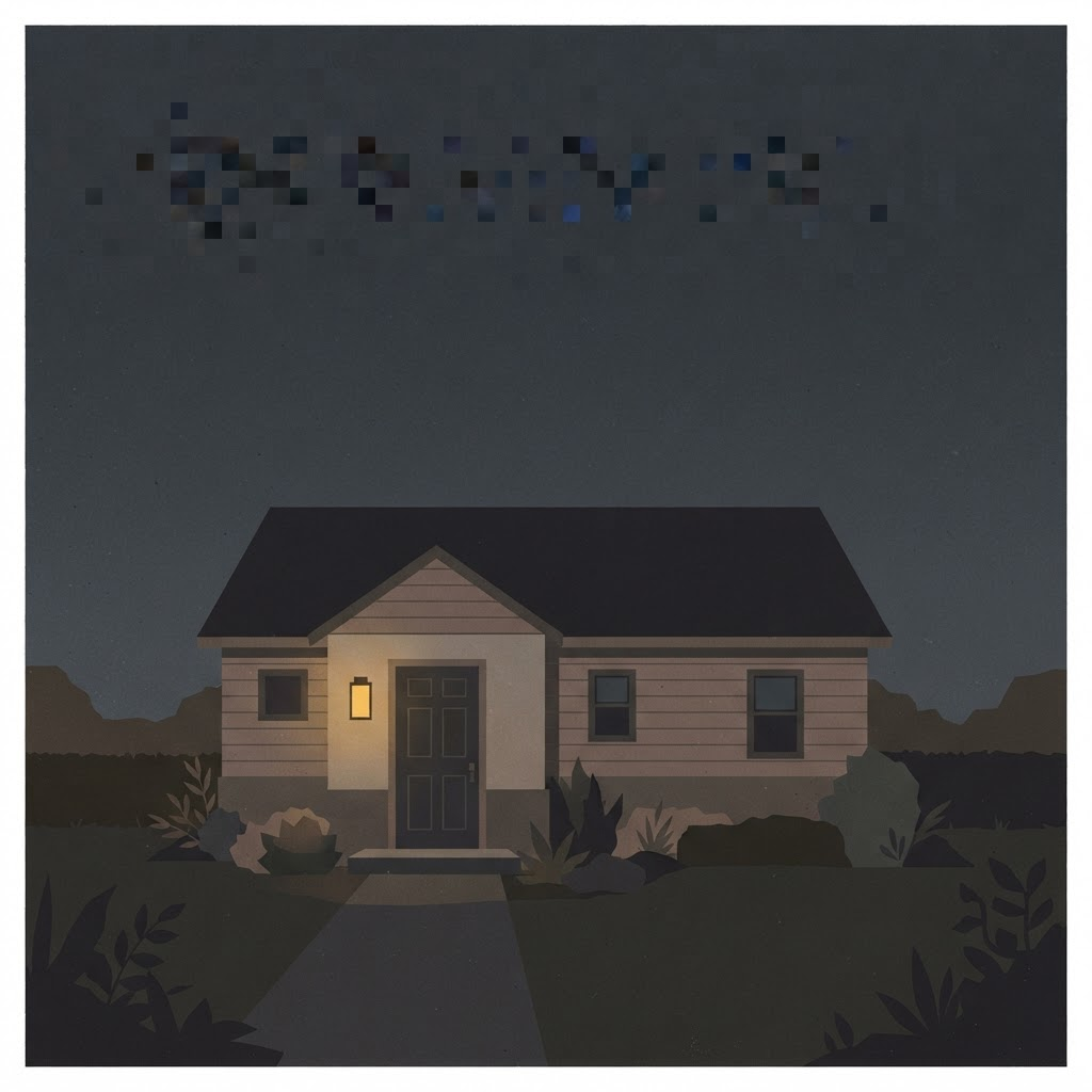 A flat illustration of a single porch light glowing at dusk beside a house